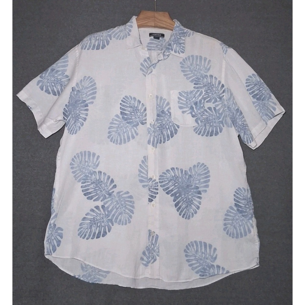 Lands End Traditional Fit Men's Linen Button Down Shirt XL/T White Blue Leaves